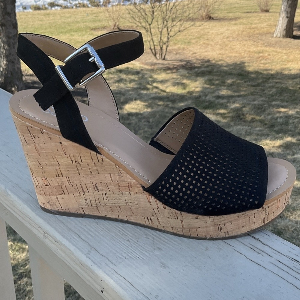 Franco Sarto Womens Shoes Size 9M Black Mesh Carissa Cork Wedge Strap Sandals
